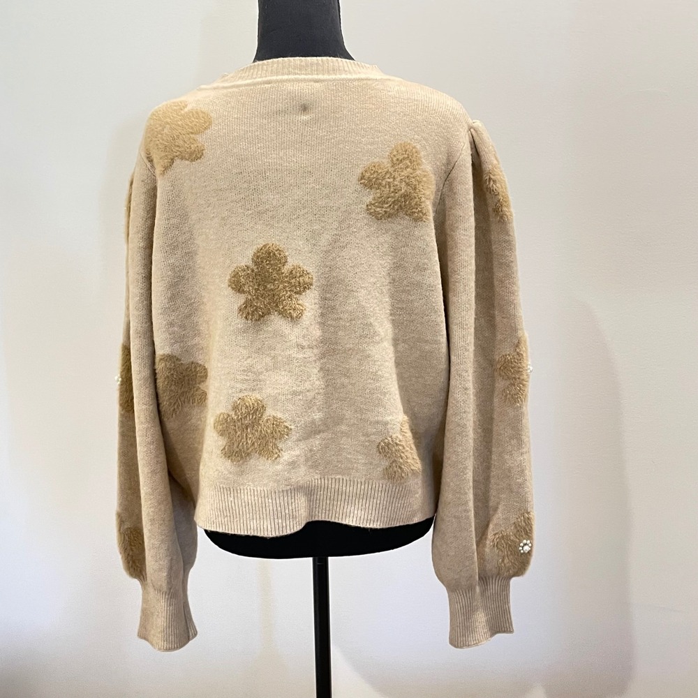 Nanette‎ Lepore Beige Embellished Floral Fuzzy Button Up Cardigan Sweater XL - Picture 6 of 8